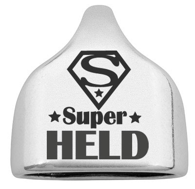 Eindkap met gravure "Superhero", 22,5 x 23 mm, verzilverd, geschikt voor 10 mm zeiltouw 