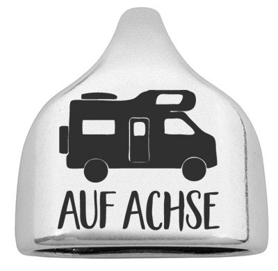 Eindkap met gravure "Auf Achse" met camper, 22,5 x 23 mm, verzilverd, geschikt voor 10 mm zeiltouw 