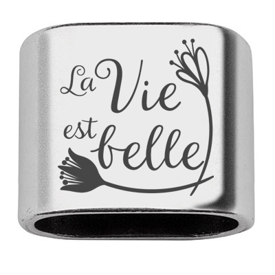 Tussenstukje met gravure "La vie est belle", 20 x 24 mm, verzilverd, geschikt voor 10 mm zeiltouw 