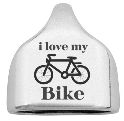 Eindkap met gravure "I love my bike", 22,5 x 23 mm, verzilverd, geschikt voor 10 mm zeiltouw 