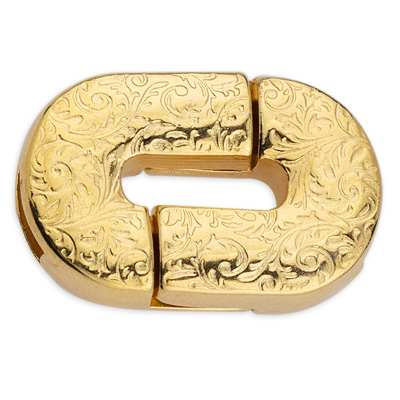 Magnetic clasp oval with flower pattern for 10 mm wide ribbons, 25 x 17 mm, gold plated 