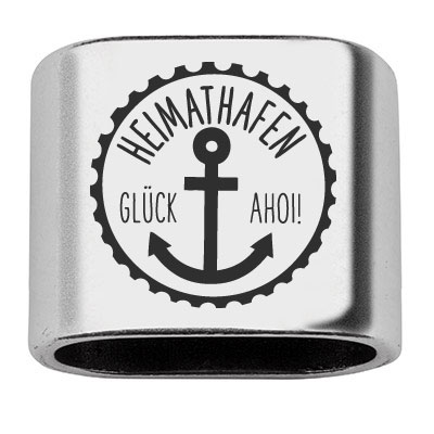 Intermediate piece with engraving "Heimathafen - Glück Ahoy", 20 x 24 mm, silver-plated, suitable for 10 mm sail rope 