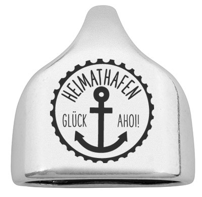 Endkappe mit Gravur "Heimathafen - Glück Ahoi", 22,5 x 23 mm, versilbert, geeignet für 10 mm Segelseil 