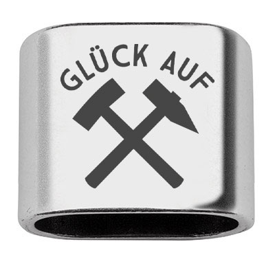 Afstandhouder met gravure "Glück auf " en hamer en moker, 20 x 24 mm, verzilverd, geschikt voor 10 mm zeiltouw 