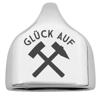 Eindkap met gravure "Glück auf" en hamer en moker, 22,5 x 23 mm, verzilverd, geschikt voor 10 mm zeiltouw 