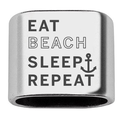 Pièce intermédiaire avec gravure "Eat Beach Sleep Repeat", 20 x 24 mm, argentée, convient pour corde à voile de 10 mm 