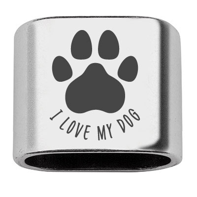 Pièce intermédiaire avec gravure "Patte et I love my dog", 20 x 24 mm, argentée, convient pour corde à voile de 10 mm 