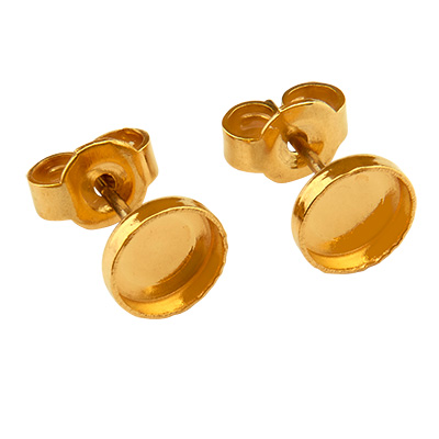 Pair of stud earrings with titanium pin and flat bottom mount for round cabochons 6 mm with stopper, gold plated 