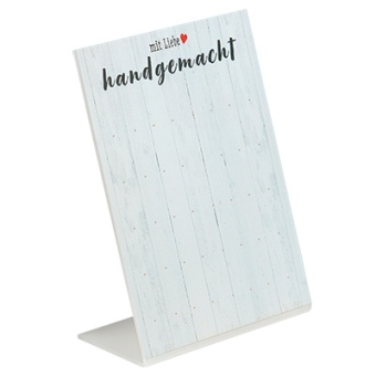 Schmuckständer aus Acryl für max 20 Paar Ohrstecker, Motiv "Mit Liebe handgemacht", Holzmaserung weiß, 15 x 21 x 7 cm 
