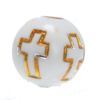 Plastikperle, Kugel weiß mit goldfarbenem Kreuz, Durchmesser 8 mm 
