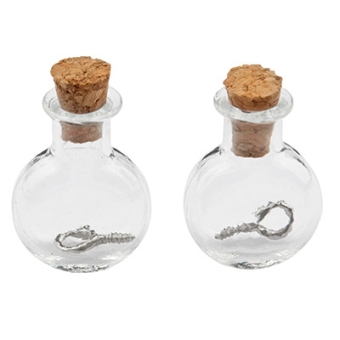 Mini Glasflaschen, 19 x 10 x 24 mm, mit Korkenverschluss und Aufhängeöse, 2 Stück 