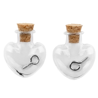 Mini Glasflaschen, 19 x 10 x 24 mm, Herz, mit Korkenverschluss und Aufhängeöse, 2 Stück 
