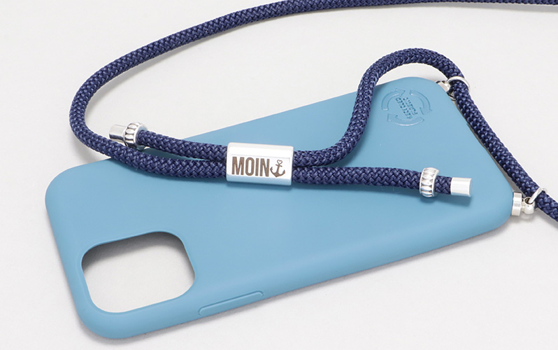Mobile phone chain "Moin" with engraved slider, screw rivets and sail rope 
