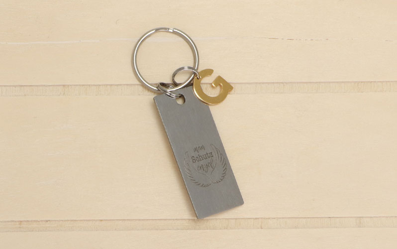 Schlüsselanhänger mit rechteckigem Edelstahlanhänger mit Gravur "Mein Schutzengel" 
