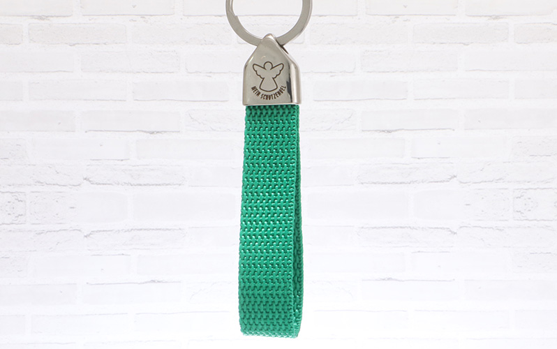 Schlüsselanhänger mit Gurtband und gravierter Edelstahl Endkappe "Mein Schutzengel" 