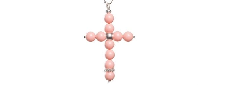 Crystal Salmon Rose Cross Pendant Necklace 