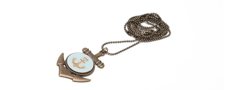 Necklace with wooden cabochon anchor light blue 