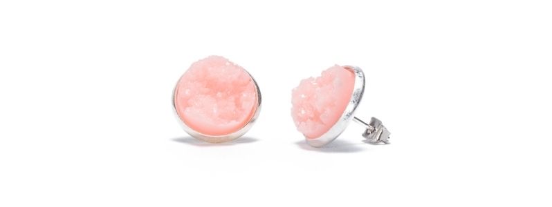 Stud Earrings with Cabochons Druzy Pink 