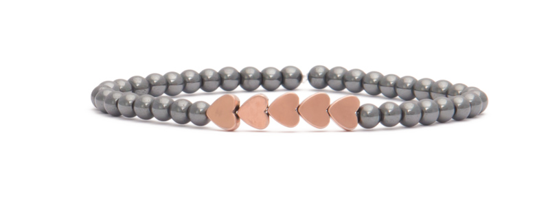 Bracelet with hematite beads hearts rose gold coloured 