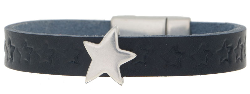 Self Embossed Leather Bracelet Star Silver Plated 