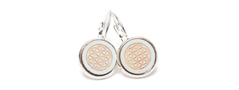 Earrings with wooden cabochons Flower of Life light blue 