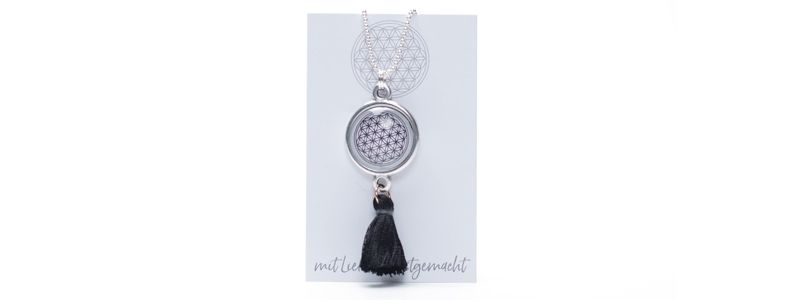 Cabochon Necklace with Flower of Life Pendant Black with Tassel 