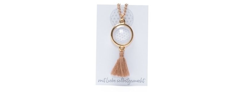Cabochon Necklace with Flower of Life Pendant Beige with Tassel 