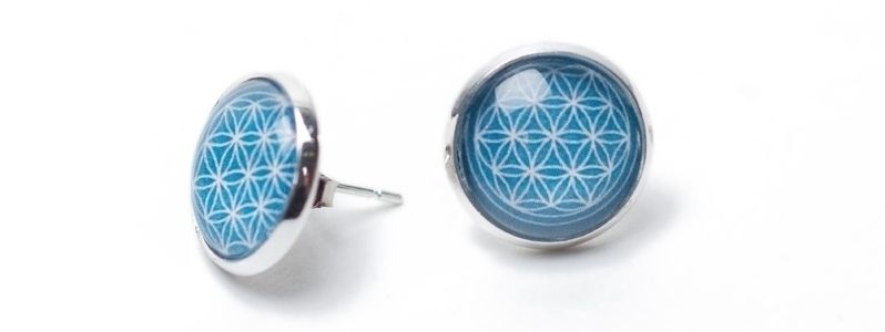 Cabochon Stud Earrings with Flower of Life Motif Blue 