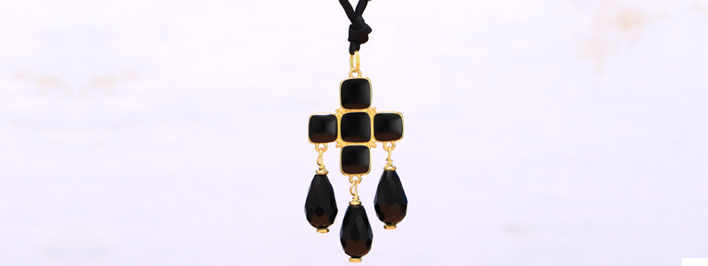 Modern Boho Necklace with Enamelled Metal Pendant Cross and Drops 