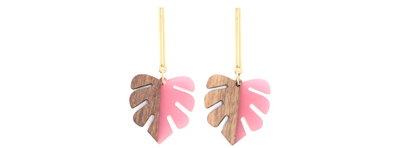 Earrings with Wood Resin Pendants Leaf 
