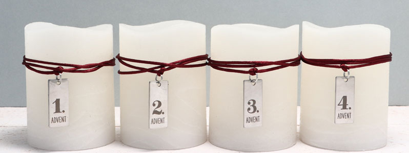 Advent wreath candles with engraved stainless steel pendants 
