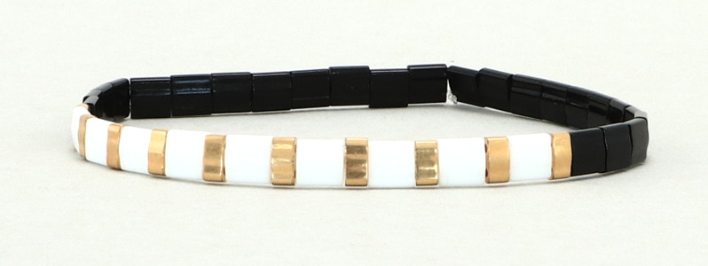 Elasticated Bracelet with Tila and Halftila Beads Black-White-Gold 