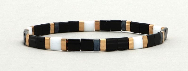 Elasticated Bracelet with Tila and Halftila Beads Black-White-Gold-Grey 